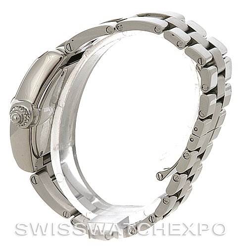 This side view of the Cartier Roadster W62016V3 Women
s Stainless Steel Silver Dial W62016V3 Women
s Stainless Steel Silver Dial watch highlights the bracelet and crown.