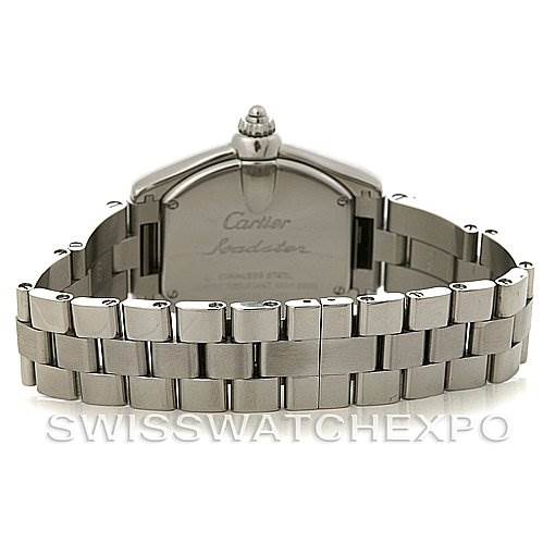 The image shows the reverse side of a Cartier Roadster W62016V3 Women
s Stainless Steel Silver Dial W62016V3 Women
s Stainless Steel Silver Dial watch, highlighting its bracelet and engraved case back.