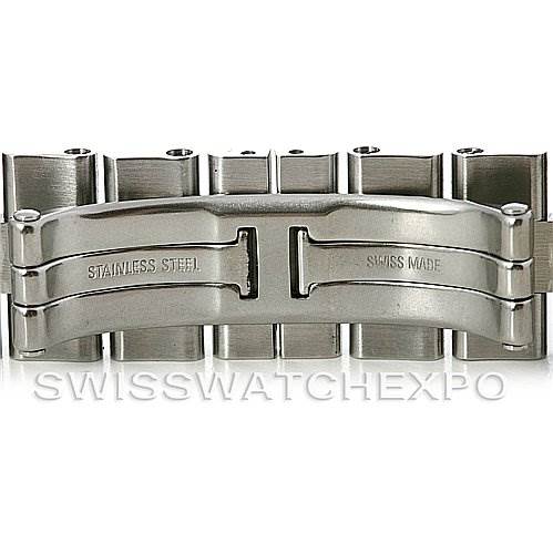 The image shows a stainless steel bracelet clasp for the Roadster model by Cartier from a top-down angle.