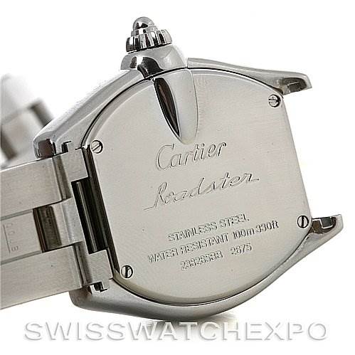 The image shows the case back and part of the strap of the Cartier Roadster W62016V3 Women
s Stainless Steel Silver Dial W62016V3 Women
s Stainless Steel Silver Dial watch.