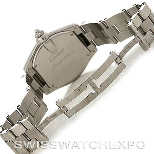 The image shows the backside and clasp of a Cartier Roadster W62016V3 Women
s Stainless Steel Silver Dial W62016V3 Women
s Stainless Steel Silver Dial watch, showcasing the metal bracelet and deployment buckle.