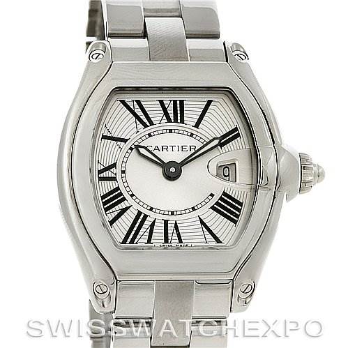 The image shows the face and bezel of a Cartier Roadster W62016V3 Women
s Stainless Steel Silver Dial W62016V3 Women
s Stainless Steel Silver Dial watch from a front view, featuring its dial, crown, and part of the bracelet.