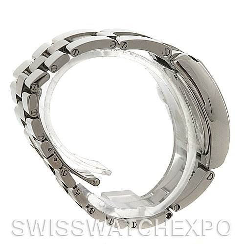 A side view of the Cartier Roadster W62017V3 Women
s Stainless Steel Pink Dial W62017V3 Women
s Stainless Steel Pink Dial model watch, focusing on the stainless steel bracelet and case.