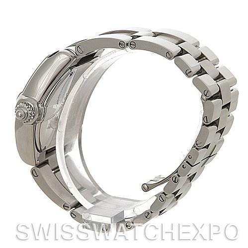 The image shows a side view of a Cartier Roadster W62017V3 Women
s Stainless Steel Pink Dial W62017V3 Women
s Stainless Steel Pink Dial watch, highlighting its metal bracelet and crown.