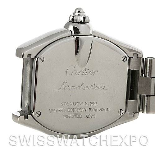 The image shows the back case and part of the bracelet of a Cartier Roadster W62017V3 Women
s Stainless Steel Pink Dial W62017V3 Women
s Stainless Steel Pink Dial watch, emphasizing its model details and materials.