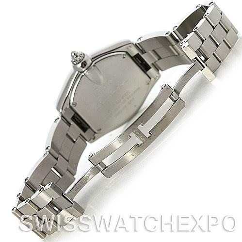 This image shows the Cartier Roadster W62017V3 Women
s Stainless Steel Pink Dial W62017V3 Women
s Stainless Steel Pink Dial model watch from a rear angle, highlighting the bracelet and clasp.