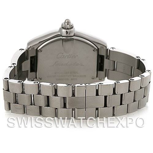 Rear view of the Cartier Roadster W62017V3 Women
s Stainless Steel Pink Dial W62017V3 Women
s Stainless Steel Pink Dial watch showing the bracelet and case back.