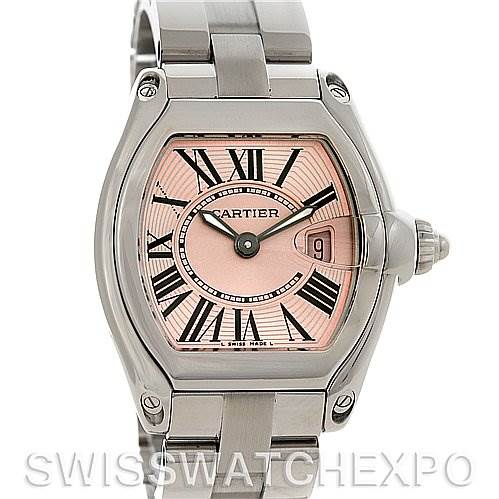 This image shows a front view of a Cartier Roadster W62017V3 Women
s Stainless Steel Pink Dial W62017V3 Women
s Stainless Steel Pink Dial watch, highlighting the face, dial, and part of the bracelet.