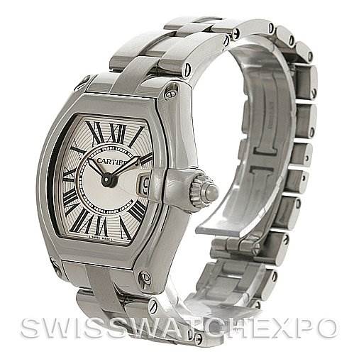 This image shows a Cartier Roadster W62016V3 Women
s Stainless Steel Silver Dial W62016V3 Women
s Stainless Steel Silver Dial watch at a three-quarter angle, highlighting the face, bracelet, and crown.