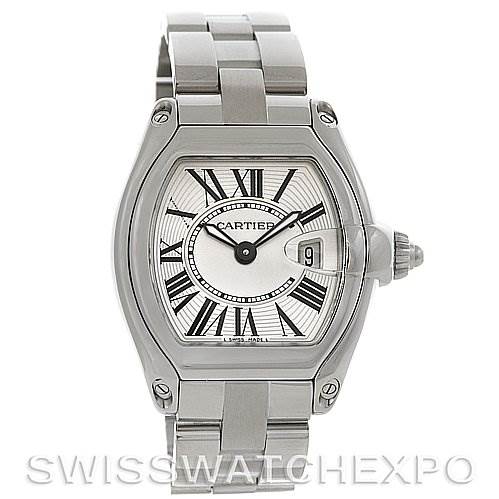This image shows a front view of the Cartier Roadster W62016V3 Women
s Stainless Steel Silver Dial W62016V3 Women
s Stainless Steel Silver Dial watch, highlighting its dial, case, and bracelet.