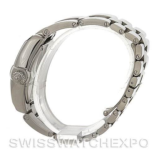 This image shows a side profile of the Cartier Roadster W62016V3 Women
s Stainless Steel Silver Dial W62016V3 Women
s Stainless Steel Silver Dial watch, highlighting the bracelet and the crown.