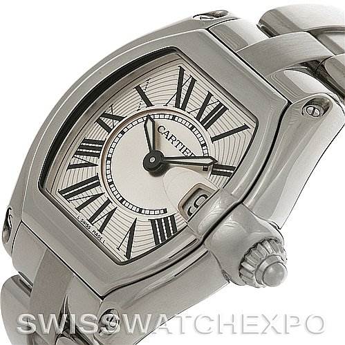 This image shows the front and side view of a Cartier Roadster W62016V3 Women
s Stainless Steel Silver Dial W62016V3 Women
s Stainless Steel Silver Dial watch, highlighting the face, crown, and part of the bracelet.