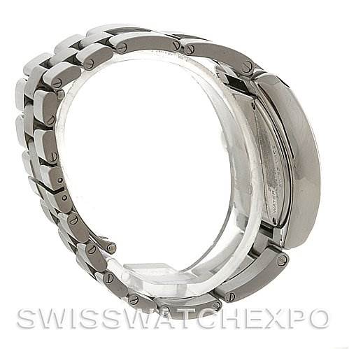 The image shows a side view of the Cartier Roadster W62016V3 Women
s Stainless Steel Silver Dial W62016V3 Women
s Stainless Steel Silver Dial watch, highlighting its bracelet and clasp.