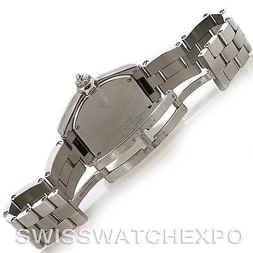 This image shows the back and bracelet of the Cartier Roadster W62016V3 Women
s Stainless Steel Silver Dial W62016V3 Women
s Stainless Steel Silver Dial watch, viewed from an angled perspective.