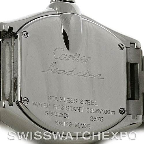 The image shows the back case of a Cartier Roadster W62016V3 Women
s Stainless Steel Silver Dial W62016V3 Women
s Stainless Steel Silver Dial watch, highlighting details like water resistance and material.