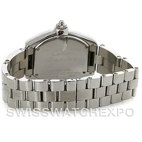 This image shows the back of a Cartier Roadster W62016V3 Women
s Stainless Steel Silver Dial W62016V3 Women
s Stainless Steel Silver Dial watch and its metallic bracelet, viewed from the rear angle.