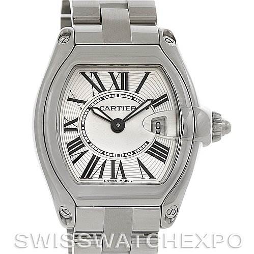 The image shows a frontal view of the Cartier Roadster W62016V3 Women
s Stainless Steel Silver Dial W62016V3 Women
s Stainless Steel Silver Dial watch displaying the dial, hands, crown, and part of the bracelet.