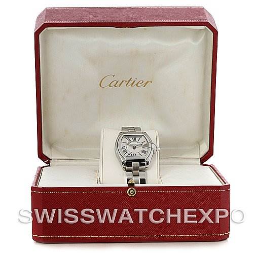 The image shows a Cartier Roadster W62016V3 Women
s Stainless Steel Silver Dial W62016V3 Women
s Stainless Steel Silver Dial watch, displayed front-facing in its open red and white box.