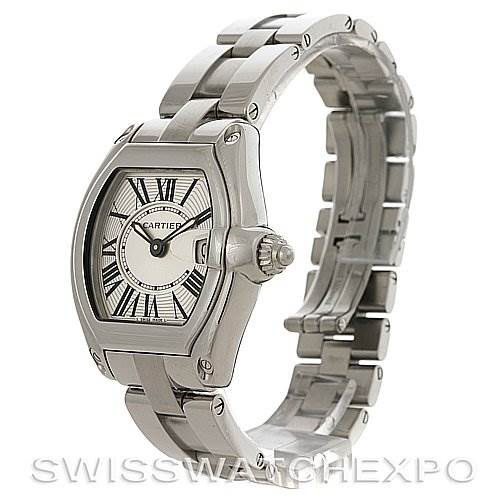 The image shows a side angle of a Cartier Roadster W62016V3 Women's Stainless Steel Silver Dial W62016V3 Women's Stainless Steel Silver Dial watch, highlighting the bracelet, case, and dial.