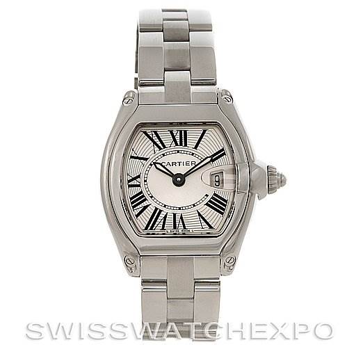 The Cartier Roadster W62016V3 Women's Stainless Steel Silver Dial W62016V3 Women's Stainless Steel Silver Dial watch is shown from a front angle, highlighting the dial, case, and bracelet.