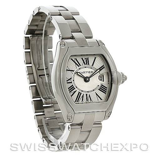 The Cartier Roadster W62016V3 Women's Stainless Steel Silver Dial W62016V3 Women's Stainless Steel Silver Dial watch is shown at a three-quarter angle, highlighting its face, bezel, and metal bracelet.