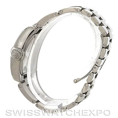 The image shows a side view of the Cartier Roadster W62016V3 Women's Stainless Steel Silver Dial W62016V3 Women's Stainless Steel Silver Dial model watch, highlighting its crown and metal bracelet.