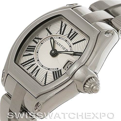 The image shows a close-up angle of the Cartier Roadster W62016V3 Women's Stainless Steel Silver Dial W62016V3 Women's Stainless Steel Silver Dial watch, highlighting its case, dial with Roman numerals, and bracelet.