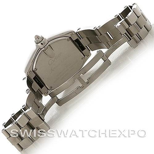 The image shows the back case and bracelet of a Cartier Roadster W62016V3 Women's Stainless Steel Silver Dial W62016V3 Women's Stainless Steel Silver Dial watch from a rear angle, highlighting its clasp and links.