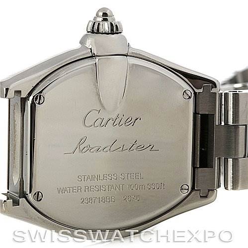 The image shows the back case of a Cartier Roadster W62016V3 Women's Stainless Steel Silver Dial W62016V3 Women's Stainless Steel Silver Dial watch, highlighting its stainless steel material and water resistance details.