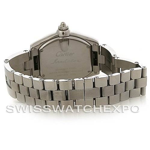 The image shows the back of the Cartier Roadster W62016V3 Women's Stainless Steel Silver Dial W62016V3 Women's Stainless Steel Silver Dial model watch, highlighting the metal bracelet and case back.