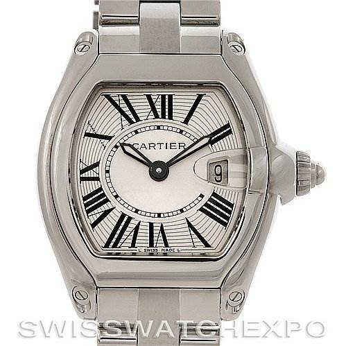 This image shows a front angle of a Cartier Roadster W62016V3 Women's Stainless Steel Silver Dial W62016V3 Women's Stainless Steel Silver Dial watch, displaying the dial, hands, and metal bracelet.