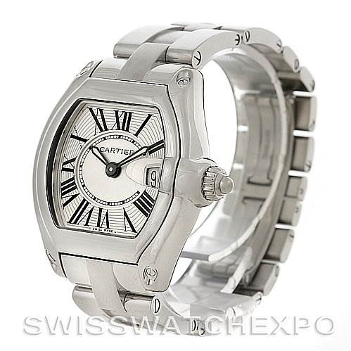 The Cartier Roadster W62016V3 Women
s Stainless Steel Silver Dial W62016V3 Women
s Stainless Steel Silver Dial watch is shown at a three-quarter angle, displaying its face, crown, case, and part of the metal bracelet.