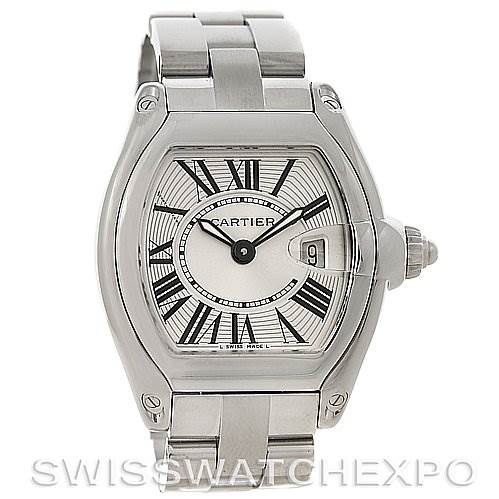 The image shows a front view of the Cartier Roadster W62016V3 Women
s Stainless Steel Silver Dial W62016V3 Women
s Stainless Steel Silver Dial watch, highlighting its face, bezel, and metal bracelet.