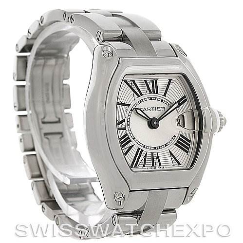 The image shows a Cartier Roadster W62016V3 Women
s Stainless Steel Silver Dial W62016V3 Women
s Stainless Steel Silver Dial watch from a three-quarter angle, highlighting the face and bracelet.