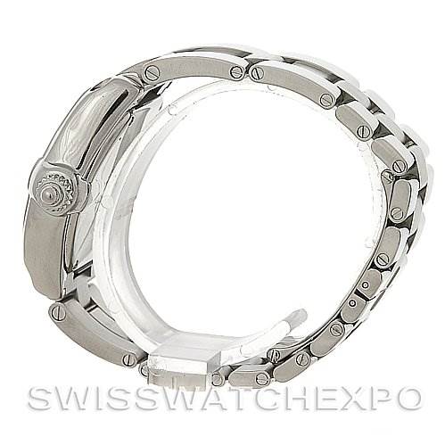 Side view of the Cartier Roadster W62016V3 Women
s Stainless Steel Silver Dial W62016V3 Women
s Stainless Steel Silver Dial watch showing the bracelet, clasp, and case.