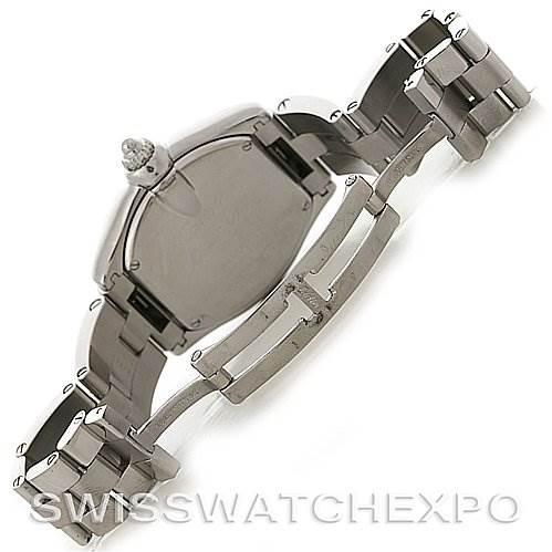 The image shows the back and bracelet of the Cartier Roadster W62016V3 Women
s Stainless Steel Silver Dial W62016V3 Women
s Stainless Steel Silver Dial watch, viewed from an overhead angle.