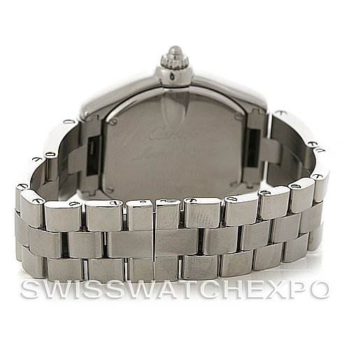 The image shows the back view of the Cartier Roadster W62016V3 Women
s Stainless Steel Silver Dial W62016V3 Women
s Stainless Steel Silver Dial watch, highlighting its stainless steel clasp and bracelet.