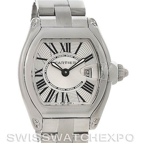 This image shows the front view of a Cartier Roadster W62016V3 Women
s Stainless Steel Silver Dial W62016V3 Women
s Stainless Steel Silver Dial watch, displaying its dial, bezel, and bracelet.