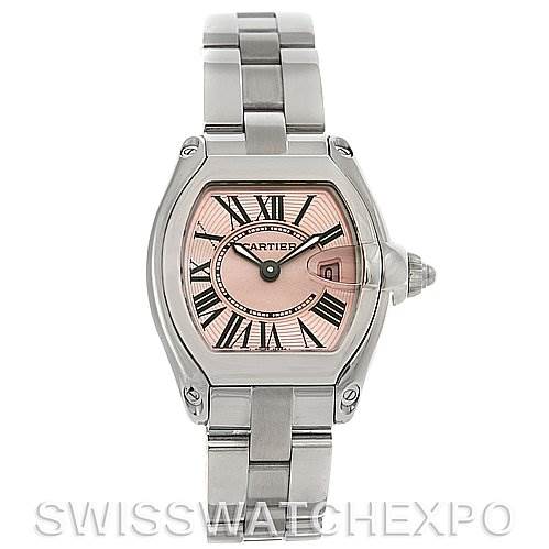 This image shows a front view of the Cartier Roadster W62017V3 Women
s Stainless Steel Pink Dial W62017V3 Women
s Stainless Steel Pink Dial watch, displaying the face, case, and bracelet.