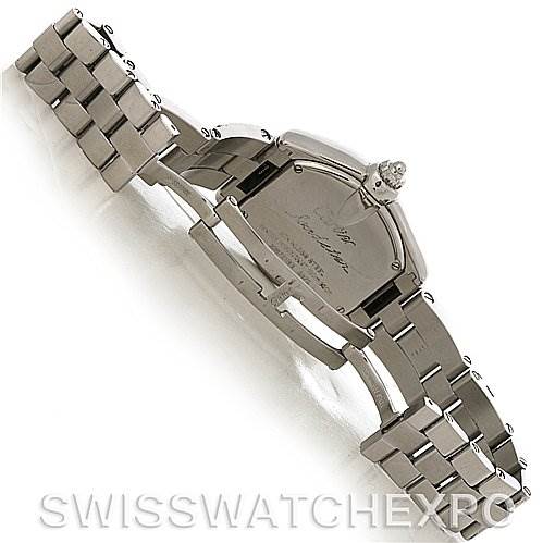 The image shows the backside and clasp mechanism of a Cartier Roadster W62017V3 Women
s Stainless Steel Pink Dial W62017V3 Women
s Stainless Steel Pink Dial model watch, emphasizing the bracelet and case back.