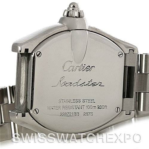 This image shows the back case and part of the bracelet of a Cartier Roadster W62017V3 Women
s Stainless Steel Pink Dial W62017V3 Women
s Stainless Steel Pink Dial stainless steel watch.