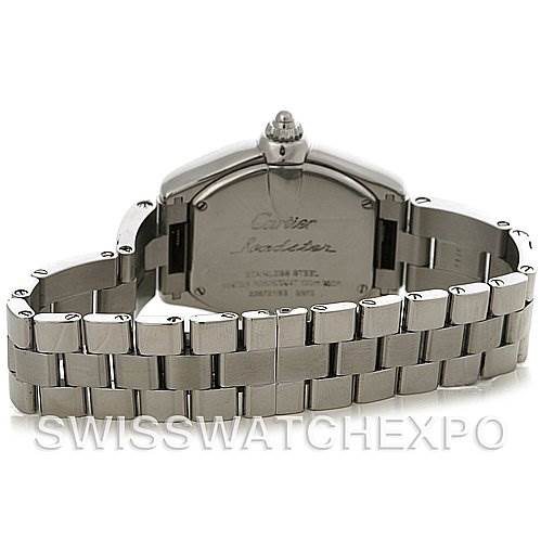 The image shows the back case and metal bracelet of the Cartier Roadster W62017V3 Women
s Stainless Steel Pink Dial W62017V3 Women
s Stainless Steel Pink Dial watch.