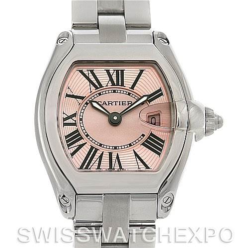 This Cartier Roadster W62017V3 Women
s Stainless Steel Pink Dial W62017V3 Women
s Stainless Steel Pink Dial model watch is shown from a front angle, displaying the face, case, and part of the bracelet.
