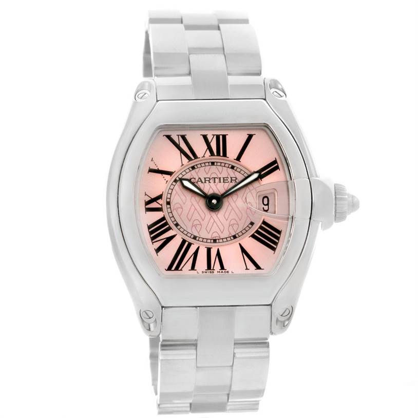 This image shows a Cartier Roadster W62043V3 Women's Stainless Steel Pink Dial W62043V3 Women's Stainless Steel Pink Dial watch from a front angle, highlighting its pink dial, Roman numerals, and metal bracelet.