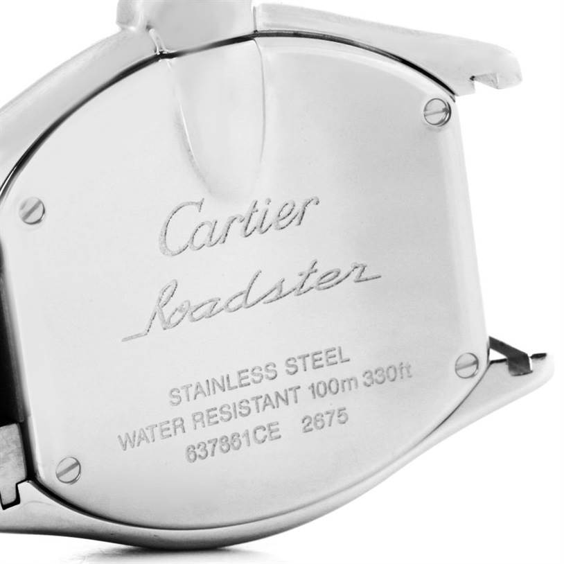 This image shows the back case of a Cartier Roadster W62043V3 Women's Stainless Steel Pink Dial W62043V3 Women's Stainless Steel Pink Dial watch, displaying its model and water resistance details.