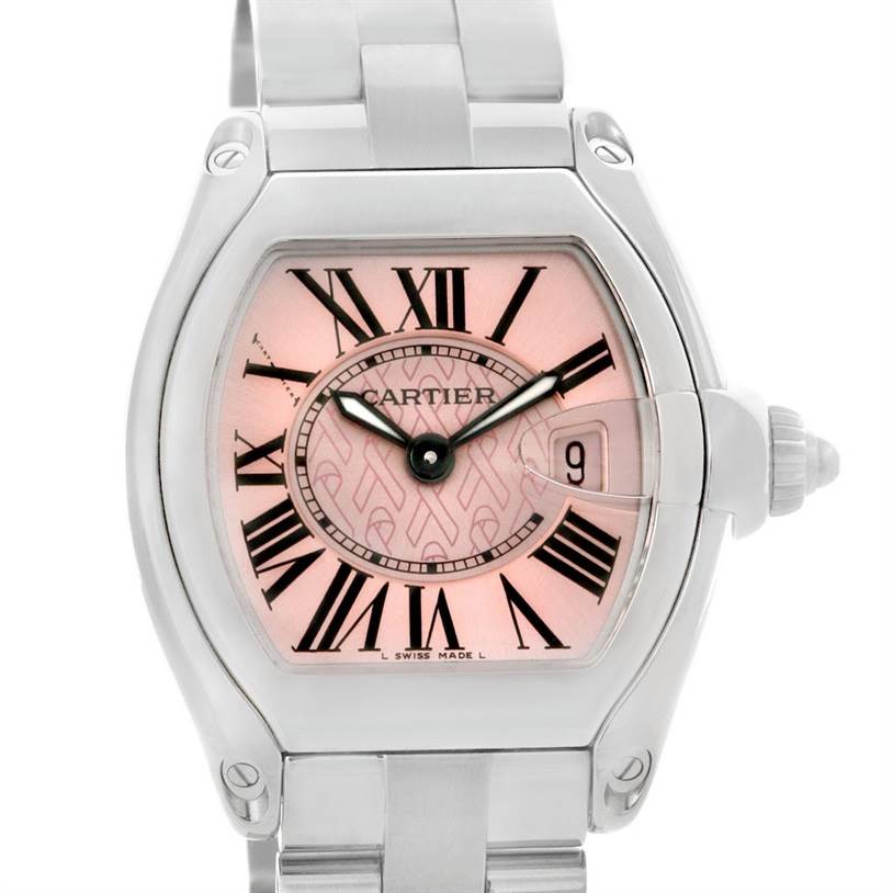 This is a close-up view of a Cartier Roadster W62043V3 Women's Stainless Steel Pink Dial W62043V3 Women's Stainless Steel Pink Dial watch, showing the dial, case, crown, and part of the bracelet.
