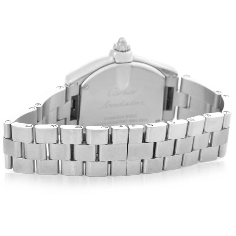 The image shows the back view and bracelet of the Cartier Roadster W62043V3 Women's Stainless Steel Pink Dial W62043V3 Women's Stainless Steel Pink Dial watch in stainless steel.