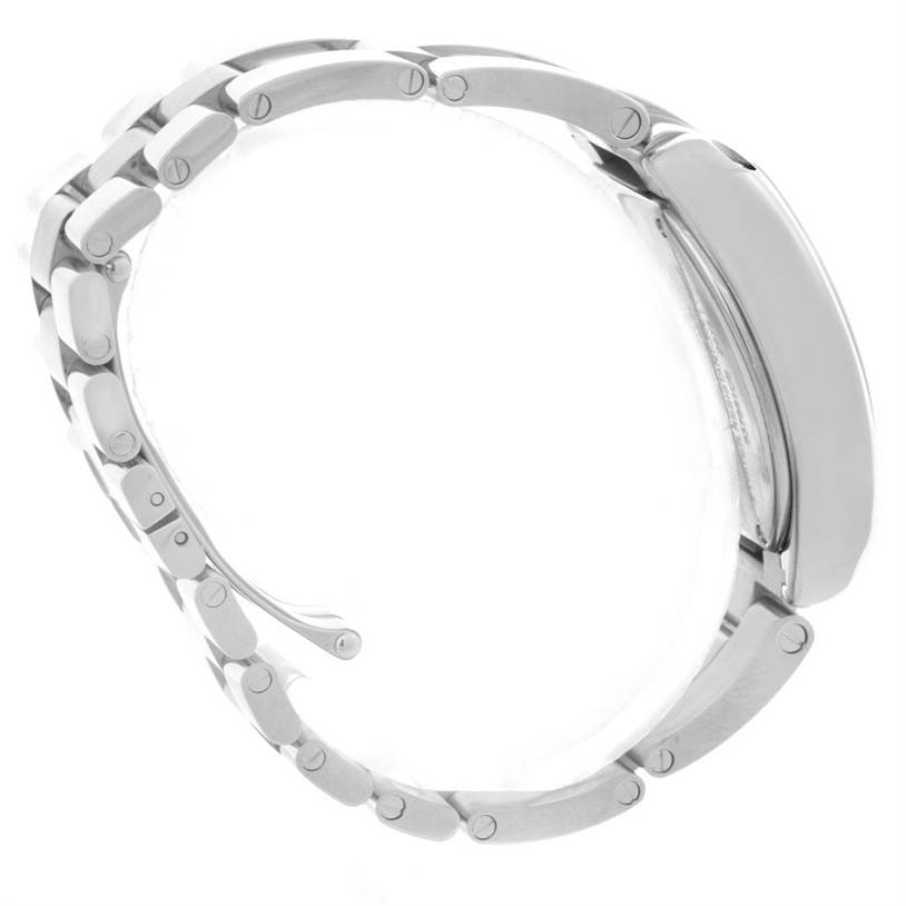 The image shows a side view of the Roadster model watch by Cartier, highlighting its metal bracelet and clasp.