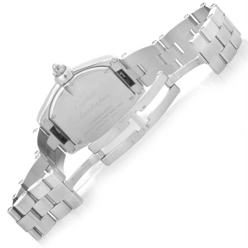 The image shows the back of the Cartier Roadster W62043V3 Women's Stainless Steel Pink Dial W62043V3 Women's Stainless Steel Pink Dial watch and its metal bracelet, highlighting the clasp and case back.