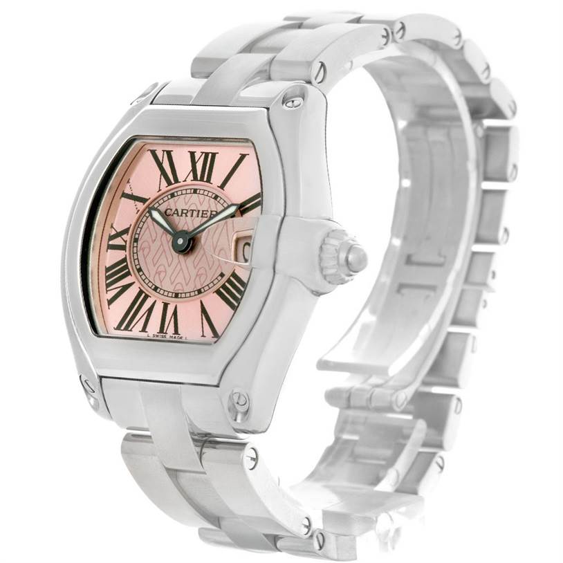This image shows a Cartier Roadster W62043V3 Women's Stainless Steel Pink Dial W62043V3 Women's Stainless Steel Pink Dial watch at an angled view, featuring its face, bezel, crown, and part of the bracelet.